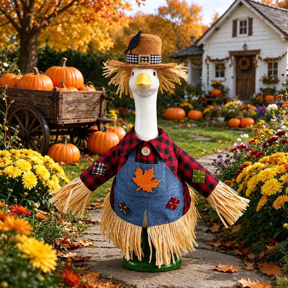 Finished scarecrow goose outfit displayed in an autumn garden with pumpkins and yellow flowers
